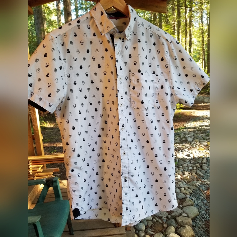 Skull Pattern Button Up Collar Dress T Shirt Small International Report White